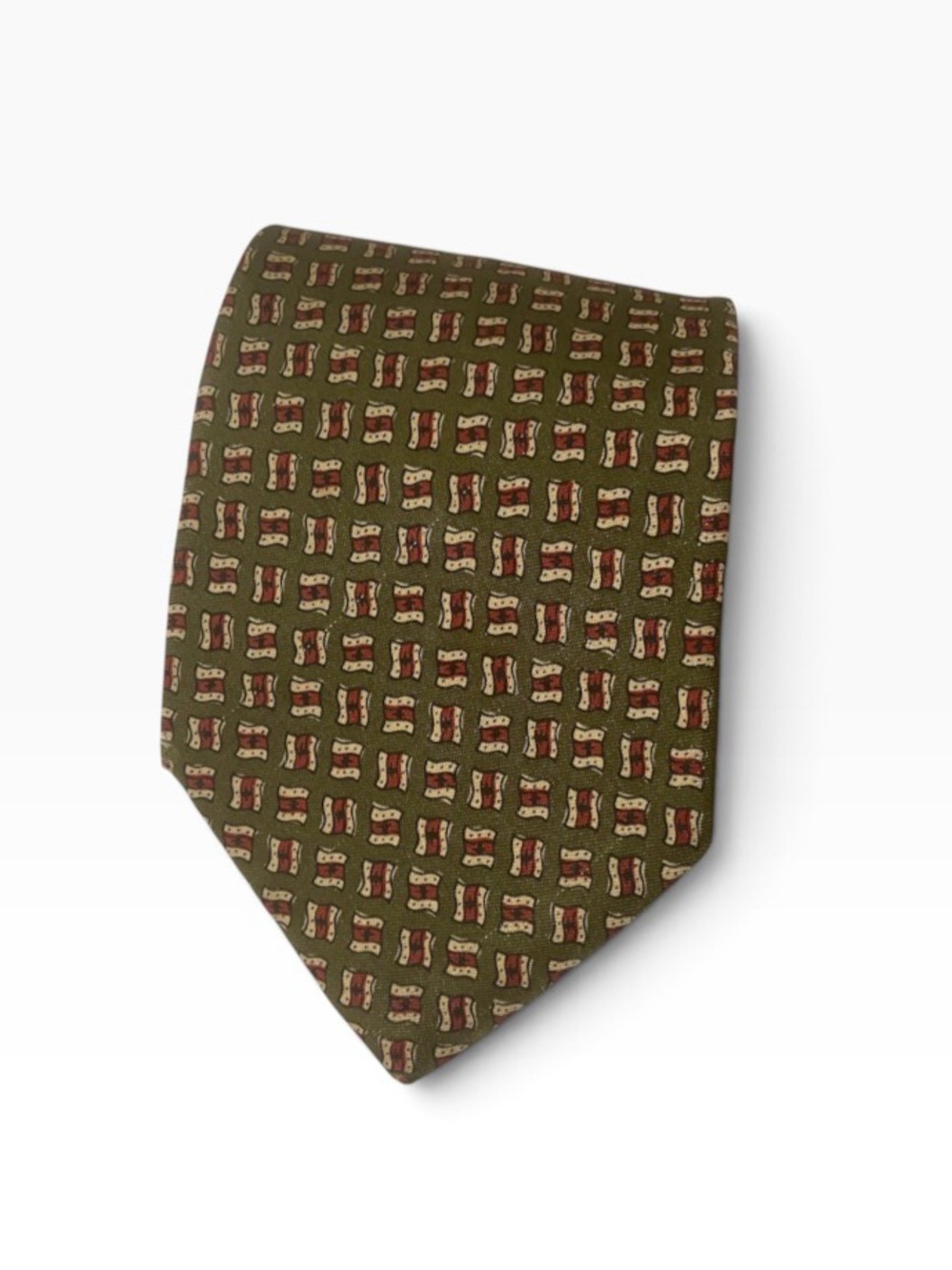 Vintage Polo Ralph Lauren Silk Tie Olive Green Red Geometric Foulard Ivy Prep